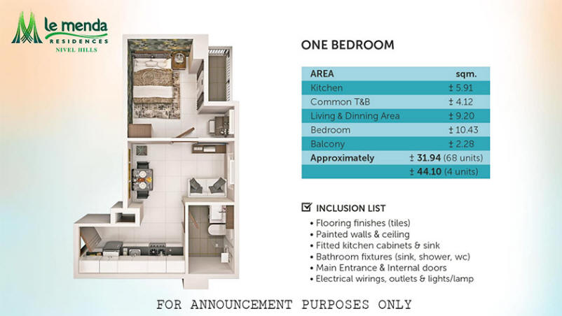 1 bedroom floor plan, le mende residences